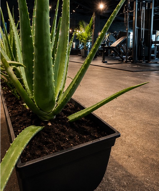 Close-up of an aloe plant in its planter at the edge of the training floor